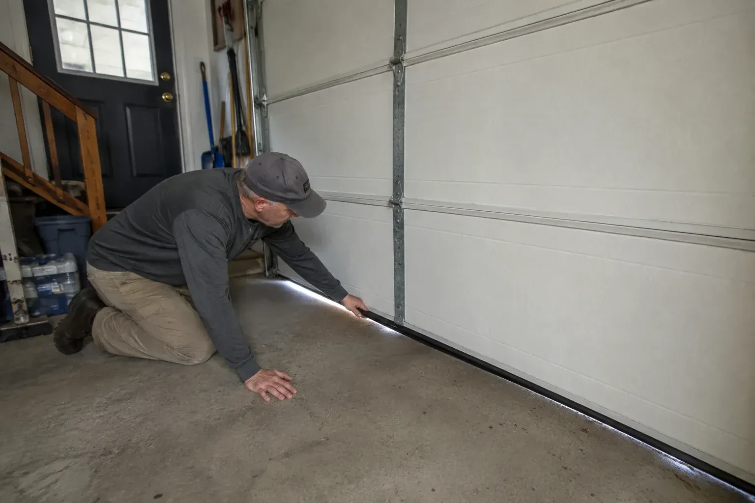 A person kneels beside the black bottom seal of a garage door, with daylight visible beneath the edge. — Garage Door Bottom Seal Replacement, Toronto