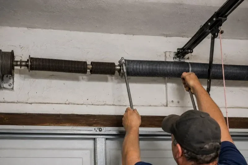 Person holding metal bars beside exposed coiled springs above a garage door. — Torsion Spring Replacement, Toronto