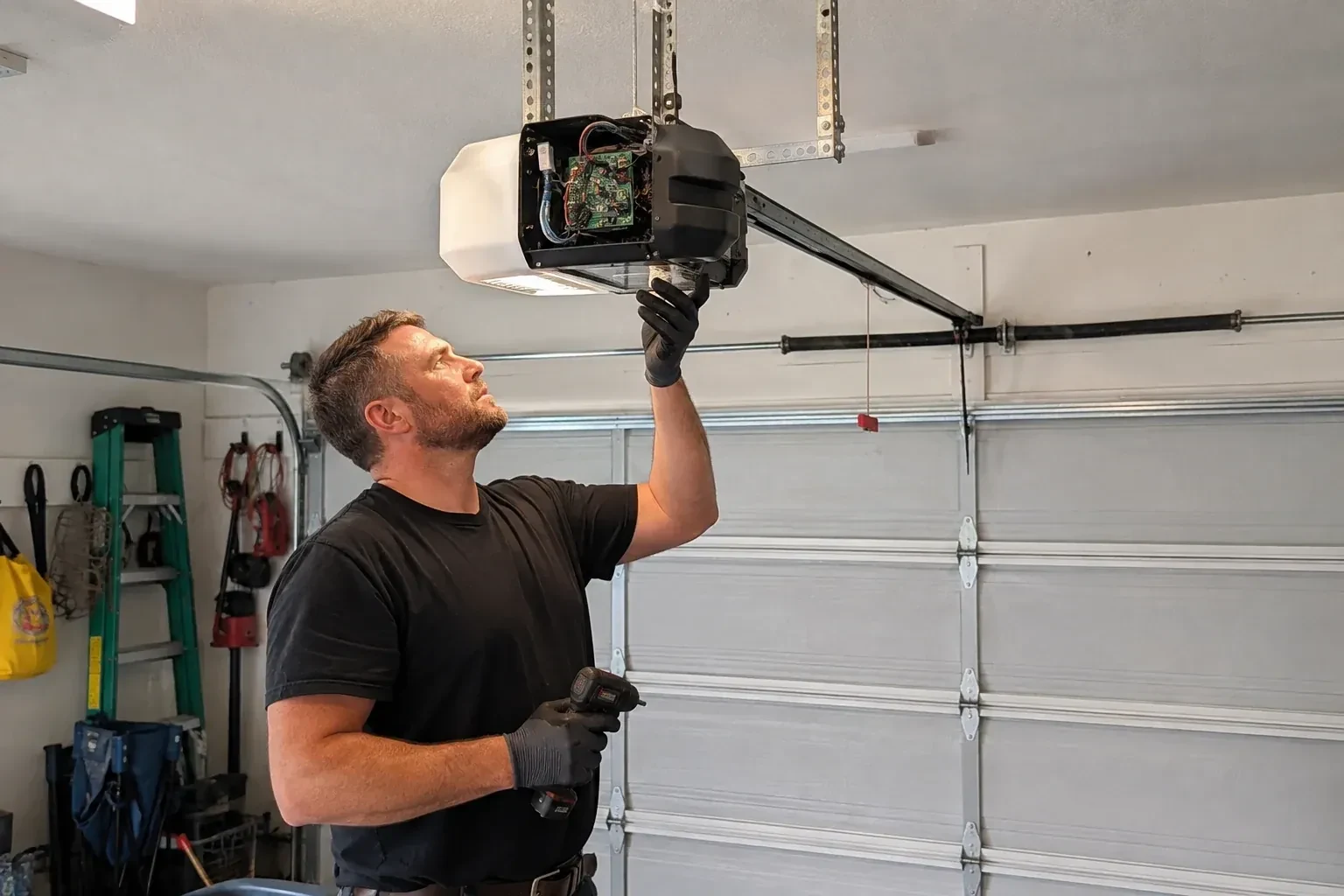 Gloved technician holding a drill and reaching up to an opener housing opened to show a green circuit board. — Belt-Drive Opener Repair, Silverthorne