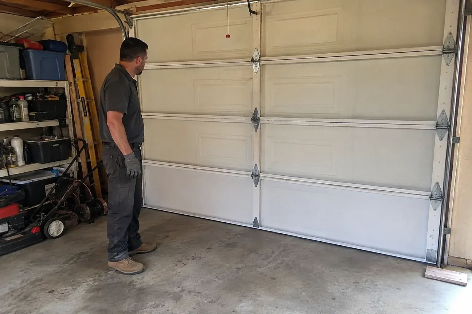 A person examines the interior panels and hinges of a closed sectional garage door. — Garage Door Panel Replacement, Toronto