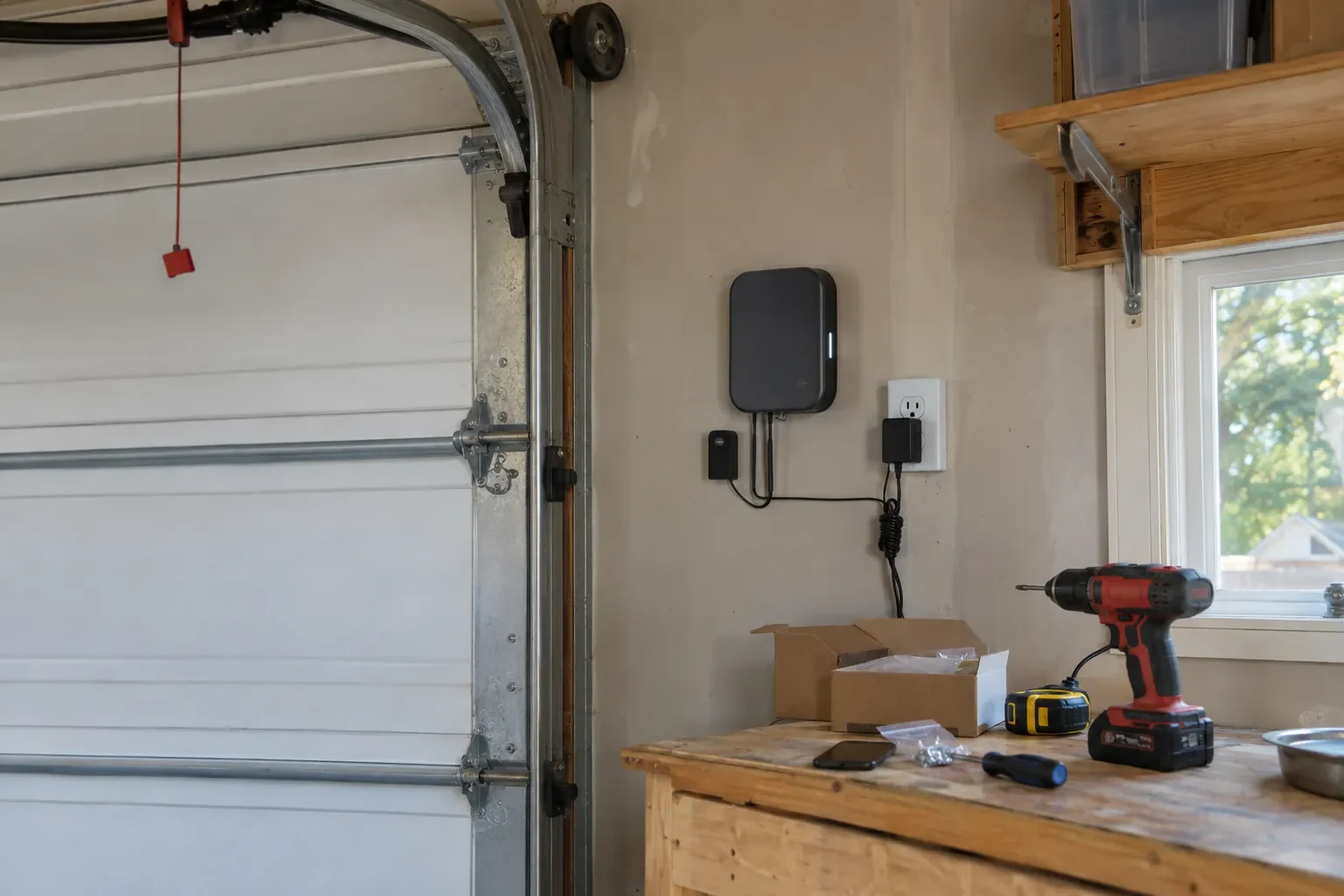 Dark wall-mounted box with a plug-in adapter and sensor beside a garage door, above a workbench with a drill and screws. — Silverthorne