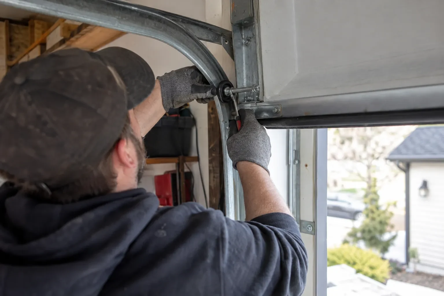 Technician in gray gloves holding a red-handled tool at a black roller on the curved door track, under a white door panel. — Silverthorne