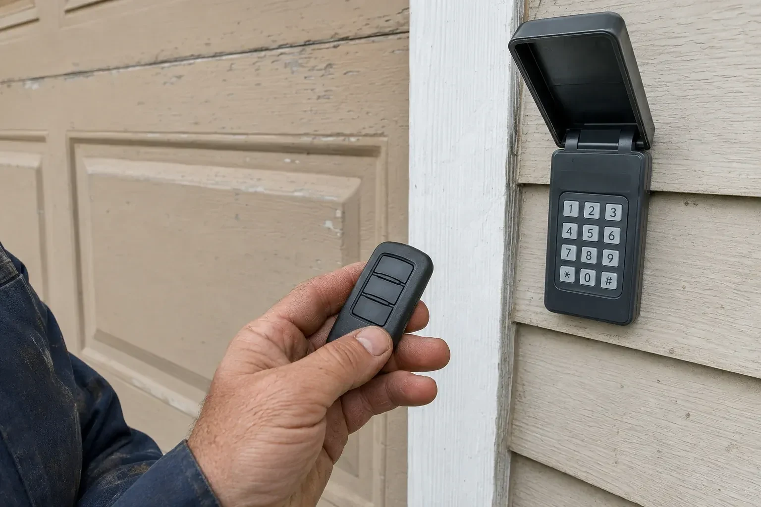 A hand holds a three-button remote beside an exterior garage keypad with its cover open. — Garage Door Remote and Keypad Programming, Toronto
