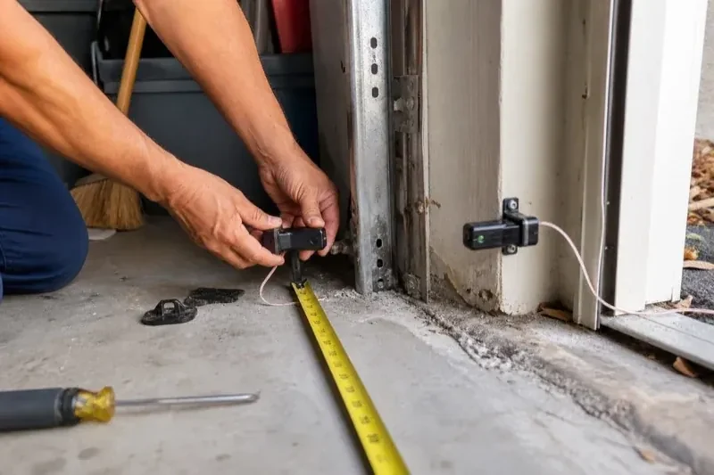 Hands holding a small wired device beside another mounted device and a tape measure at a garage-door opening — Photo-Eye Sensor Alignment or Replacement, Silverthorne